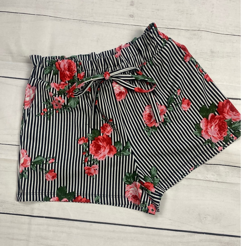 Black and White Striped Floral Shorts